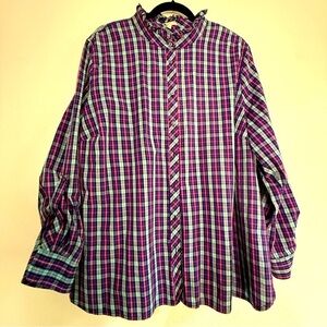 Talbot’s plaid, long-sleeved button-down 100% cotton shirt w/ruffled collar 3X.